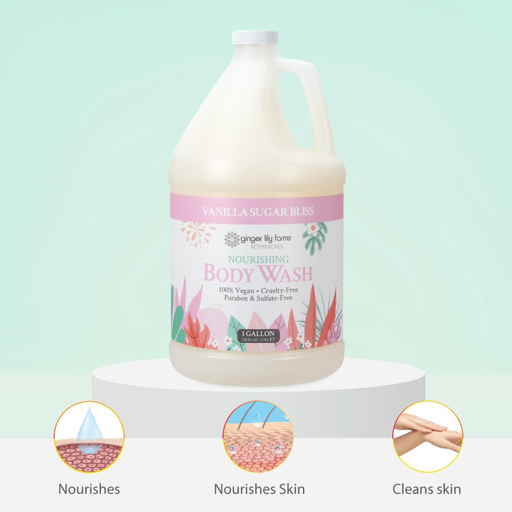 Ginger Lily Farms Botanicals Nourishing Body Wash, 100% Vegan & Cruelty-Free, Vanilla Sugar Bliss Scent, 1 Gallon (128 fl oz) Refill