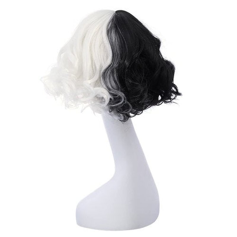 MAGQOO Half Black White Wig with Bangs Women Girls Short Curly Wavy Black and White Hair Wigs Wig Cap Included (12 Inches, Half Black White)