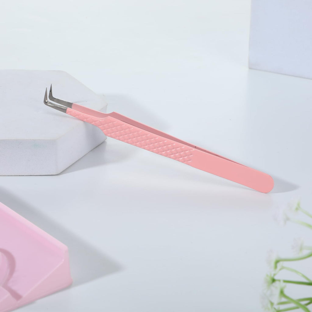 90 Degree Lash Tweezers for Eyelash Extensions Fiber Tip Tweezers for Lash Extension High Precision Eyelash Extension Tweezer for Volume & Classic Lashe Pink