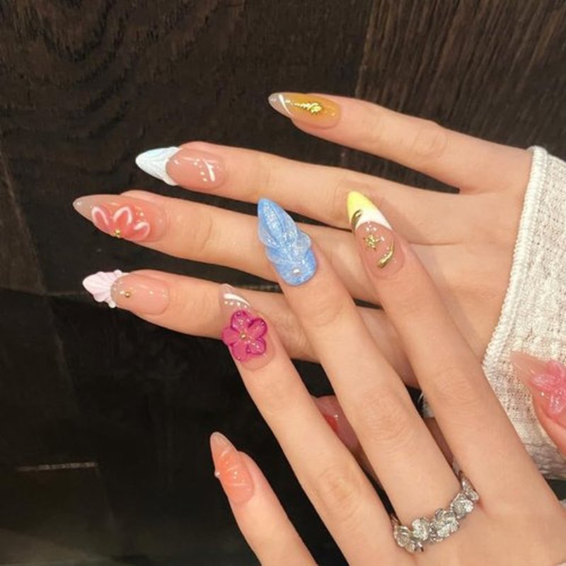 Amofatia Press on Nails Almond - Handmade Manicure Custom Art Reusable False Nails 10pcs with Solid Nail Glue&Nail Adhesive Tabs (677-S)