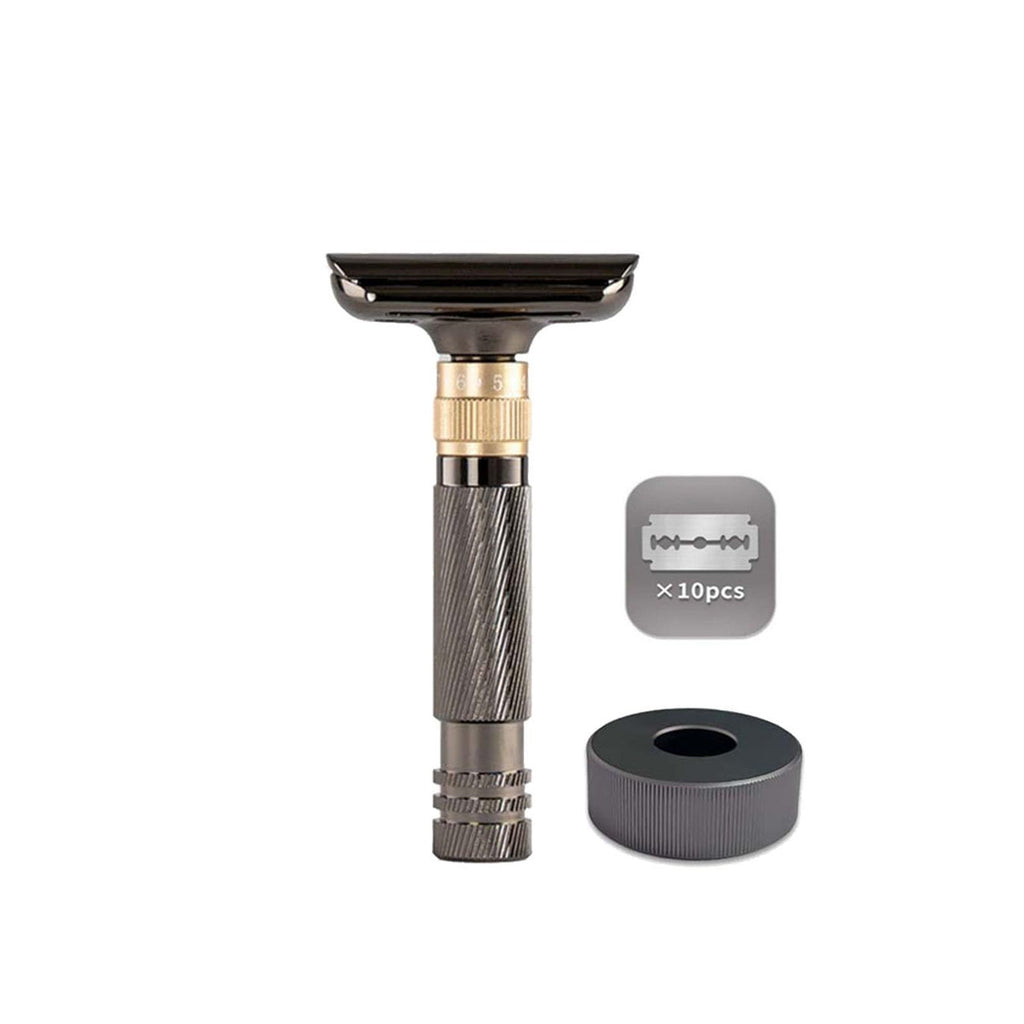 Luxurious and beautifully adjustable double-edged safety razor with 10 platinum-plated stainless steel razor blades, reusable razor kit, eco-friendly, smooth close shave (Glossy Black + Base)
