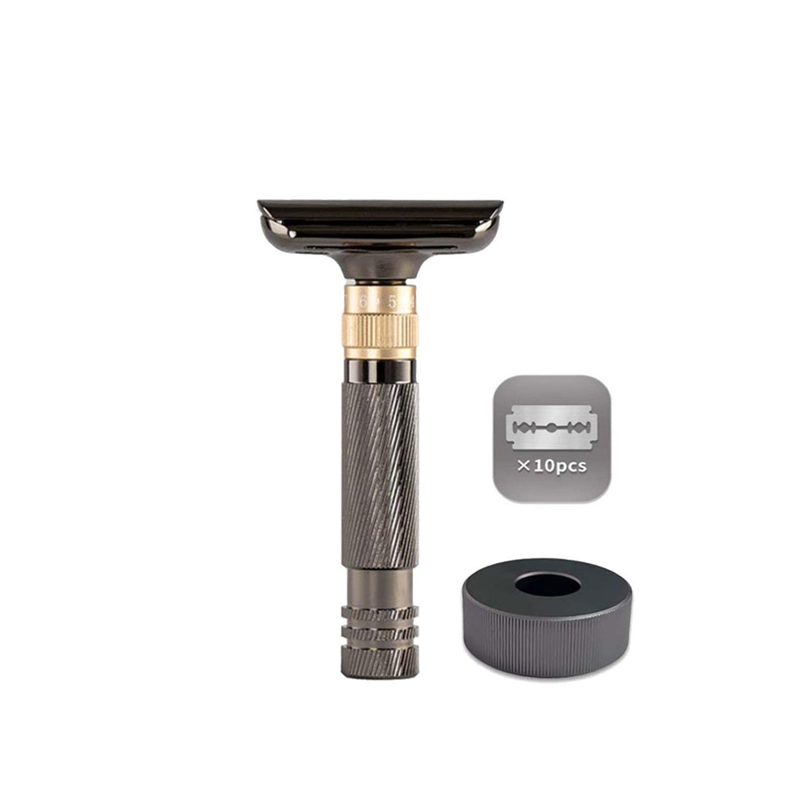 Luxurious and beautifully adjustable double-edged safety razor with 10 platinum-plated stainless steel razor blades, reusable razor kit, eco-friendly, smooth close shave (Glossy Black + Base)
