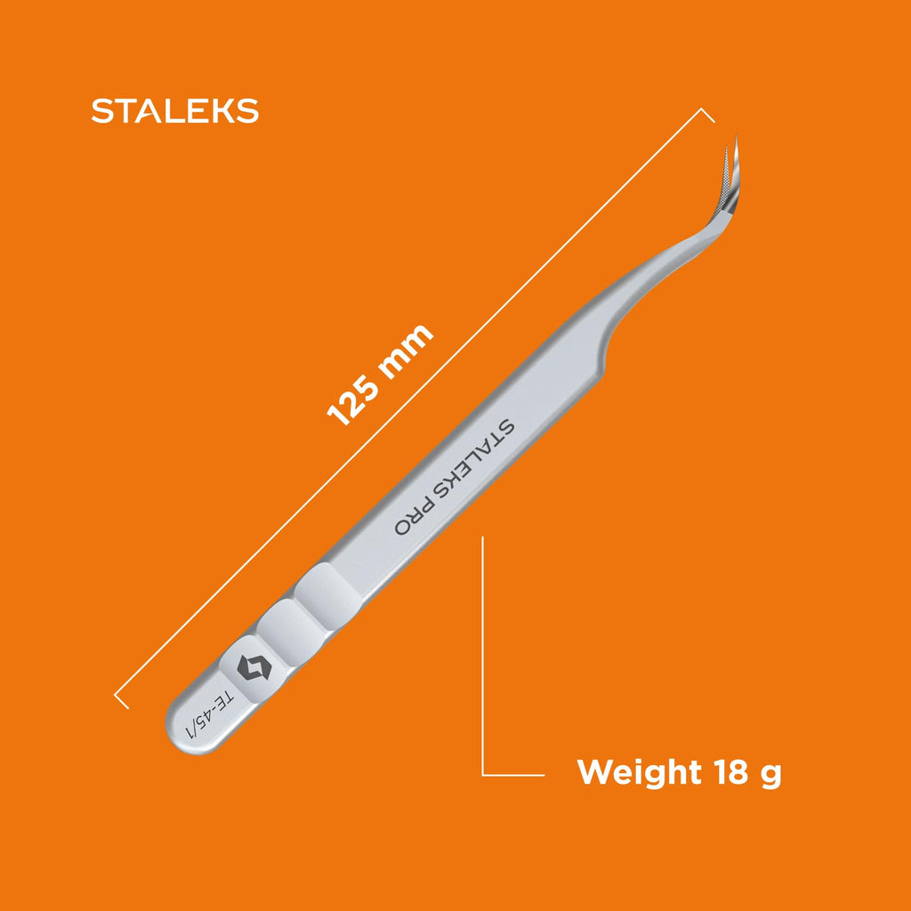 STALEKS PRO Expert 45 Type 1 Professional Eyelash Tweezers (Curved) – Stainless Steel with Nano-Notches for Volume & Mega-Volume Lash Extensions