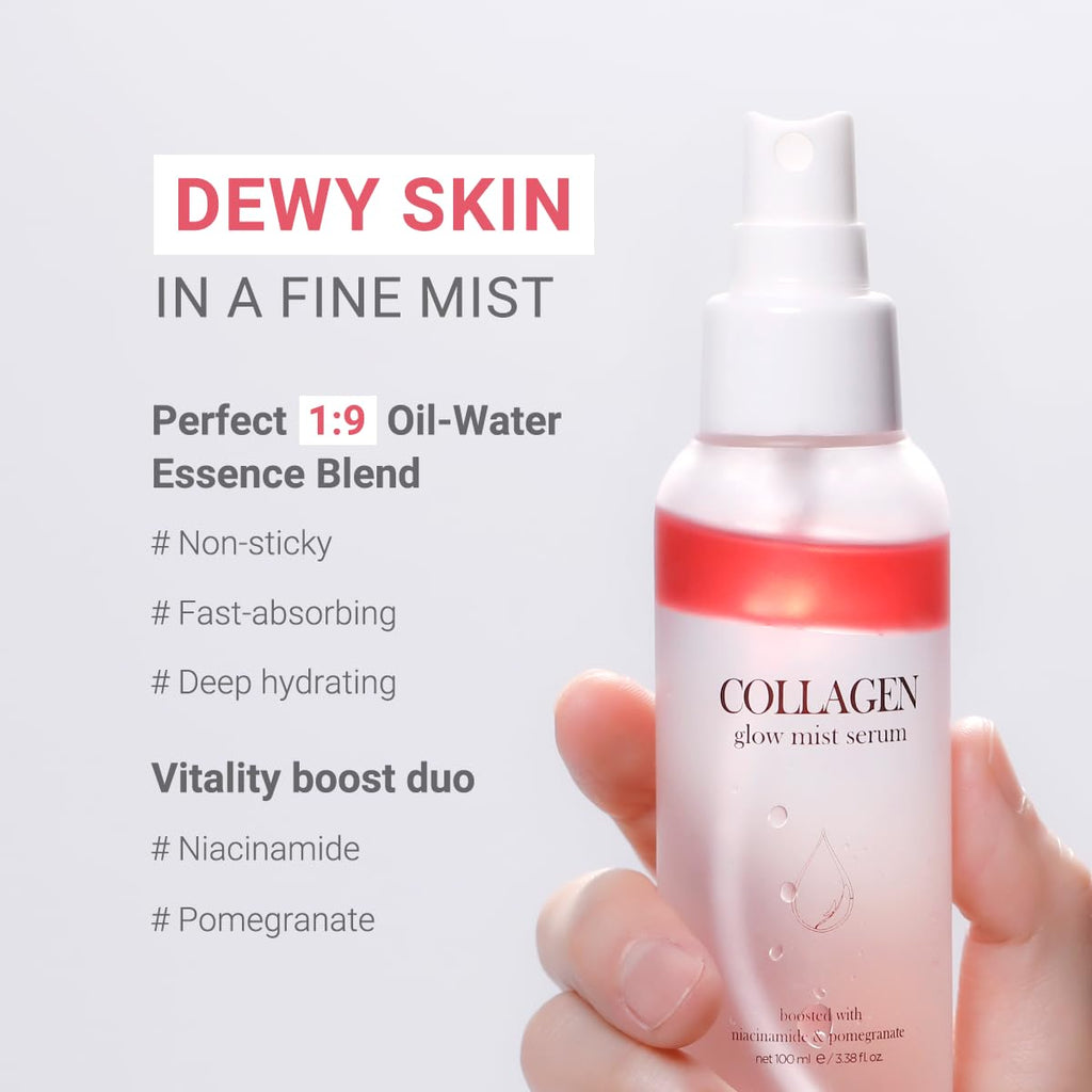 tenzero Collagen Glow Mist Serum 3.38 fl oz (100 ml), Hydrating, Anti Wrinkle, Antioxidant, Brightening Face Mist, Daily Moisturizer, Lightweight, for All Skin Types with Niacinamide, Pomegranate
