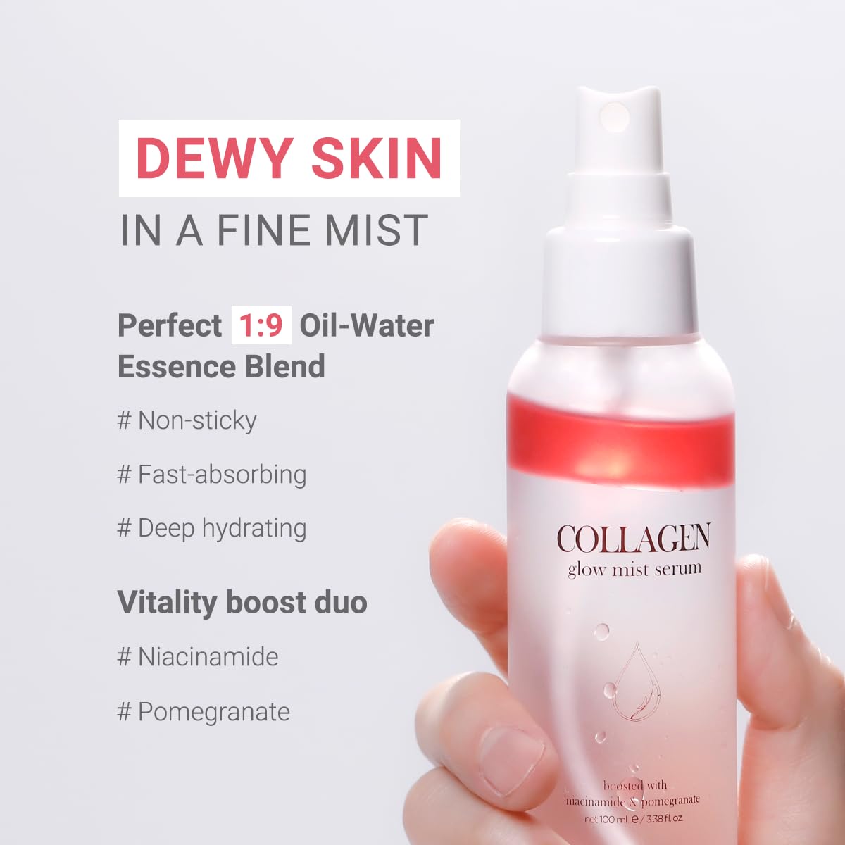 tenzero Collagen Glow Mist Serum 3.38 fl oz (100 ml), Hydrating, Anti Wrinkle, Antioxidant, Brightening Face Mist, Daily Moisturizer, Lightweight, for All Skin Types with Niacinamide, Pomegranate