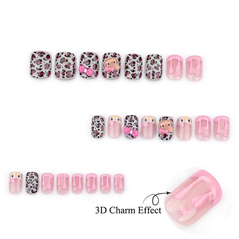 24Pcs Cute Cat Nail Charms Press on Nails Short Square Nails Pink French Tip Fake Nails with Glue Full Cover Reusable Acrylic Nails Supply Cartoon False Nails Stick on Nails for Women Girls