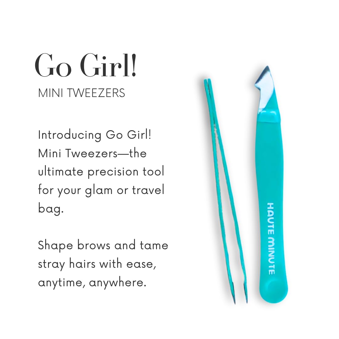 Haute Minute Makeup Go Girl! Mini Tweezers, Stainless Steel Tweezer for Travel, Precision Tweezers for Eyebrows, Facial Hair, Ingrown Hair, Chin, Splinter Removal, Eyebrow Plucker (Aqua)