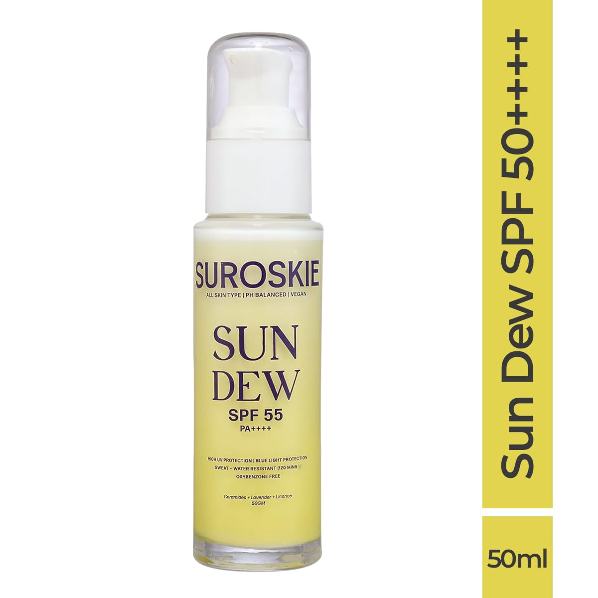 Suroskie Sun Dew SPF 55 PA++++ Sunscreen, Water-Resistant, Lightweight Formula with Lavender and Niacinamide, 50ml