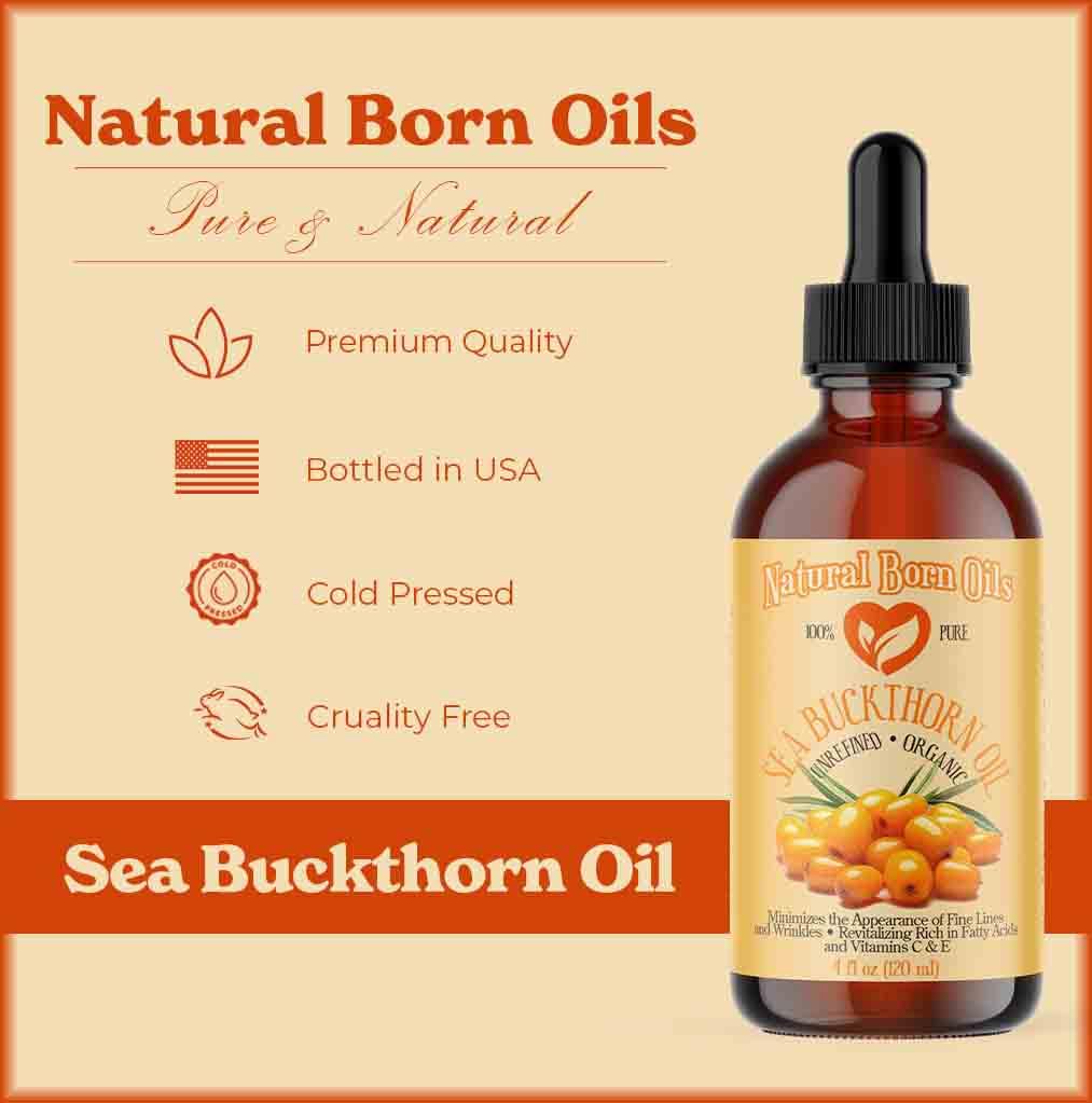Natural Born Oils 4oz Sea Buckthorn Oil, 100% Pure and Natural, Organic, Cold-pressed, Unrefined, Revitalizing, Includes Pump & Dropper