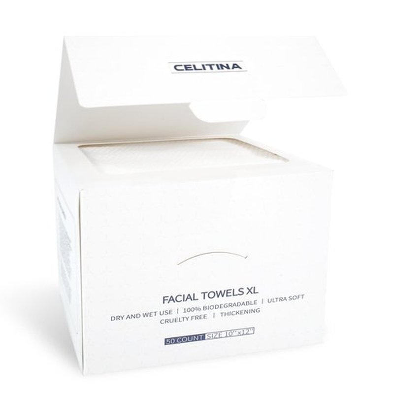 Celitina Towels XL, 100% Biobased Face Towel, Disposable Face Towelette, Thick Face Towel for Sensitive Skin, Makeup Remover Dry Wipes, Ultra Soft, Gentle Facial Cleansing Cloths1 Pack, 50 Ct