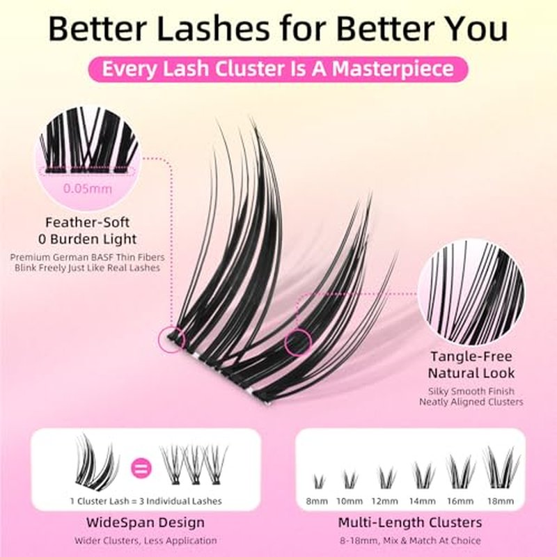 Dramatic Volume Lash Clusters, 0.05mm Thin Band 8-18mm C Curl, DIY Lash Extension Reusable, FayJoo BOLDEE 11 Lash Only
