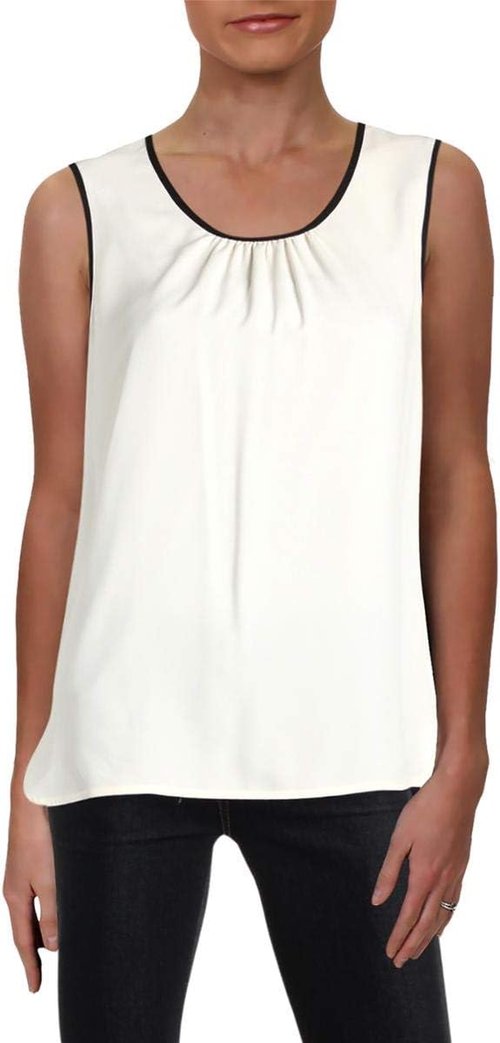 Anne Klein Women's Black Sleeveless Woven Shell Top - Elegant Pleated Neckline Design