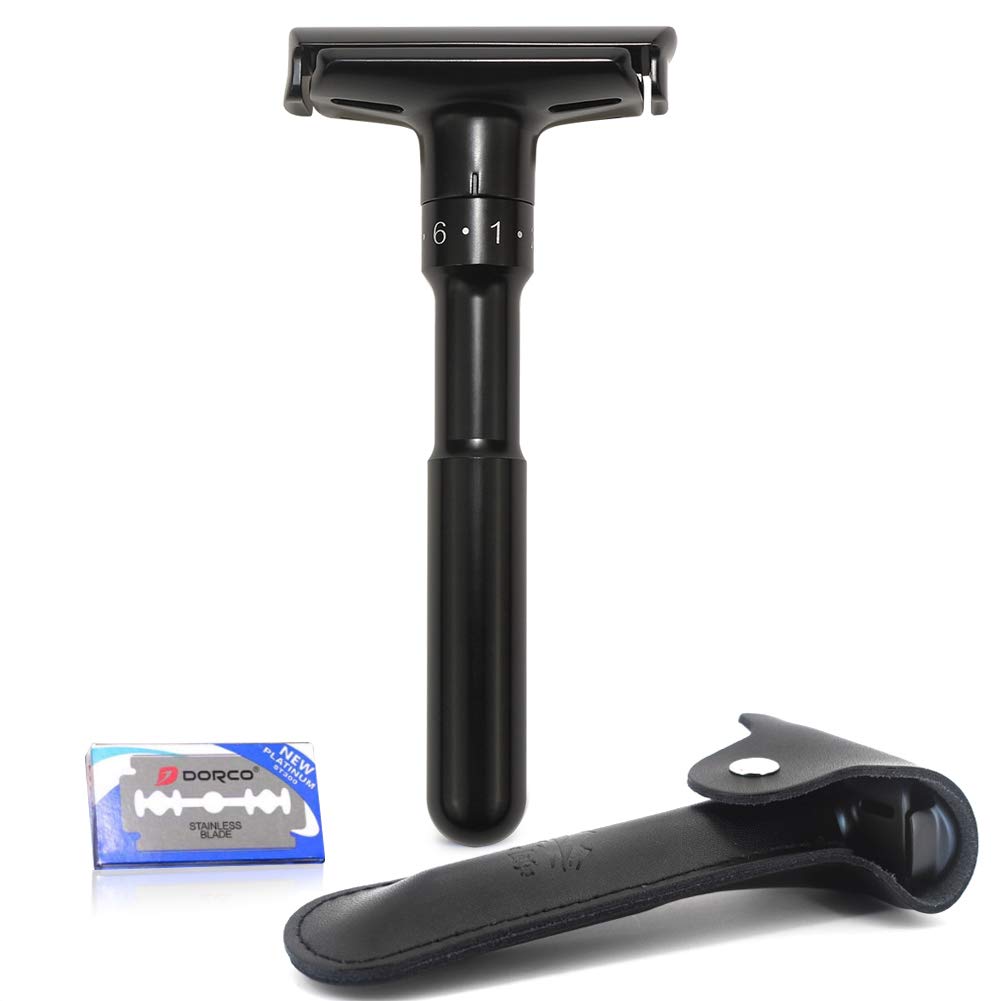 Adjustable Safety razor double edge razor Classic Safety razor, Matte black coating.RZ700 (1 Razor, 1 Leather Protective Sleeve & 10 pcs Titanium Coated Blades)