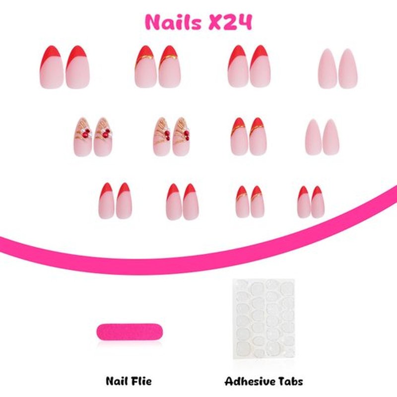 AROVFAM 3D Gold Curve Line 24Pcs Medium Almond Acrylic Matte Red French Tips Stick on Nails Crystal Gel Glue on Nails for Coquette Women Girls