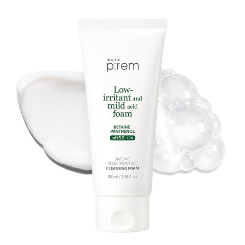 MAKE P:REM Safe Me. Relief Moisture Cleansing Foam, Delicate Eye-Friendly Face Wash for Sensitive Skin, pH Balanced Deep Pore Cleansing, Korean Skin Care, 3.38 Fl Oz, 100ml