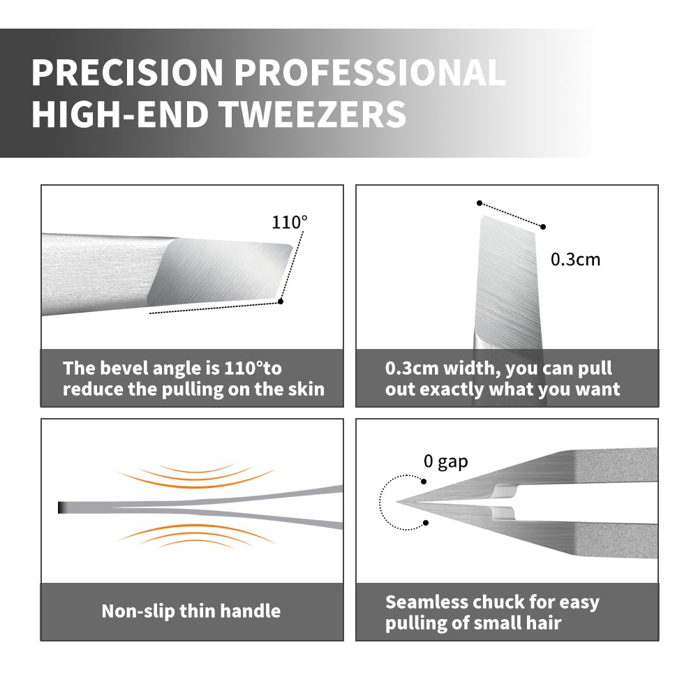ADULAHI Professional Slant Tweezers for Eyebrows & Facial Hair - Precise Aligned Stainless Steel Remover with Storage Case(Pearl Silver)