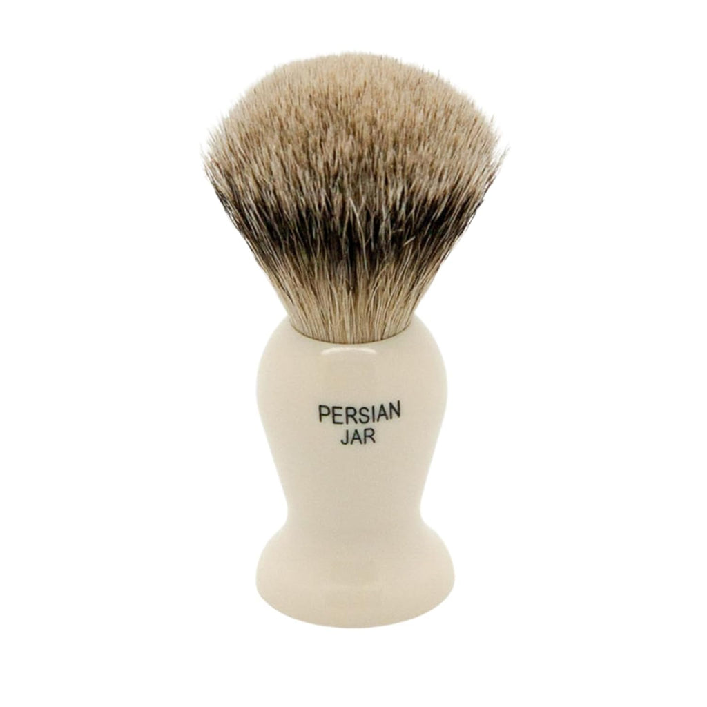 Simpsons Shaving Brush Persian Jar PJ2 Super Badger Silvertip - Faux Ivory Handle - Premium Wet Shave Rich Lather - Extra Dense & Soft - Luxury Shaving Brush for Smooth, Comfortable Grooming