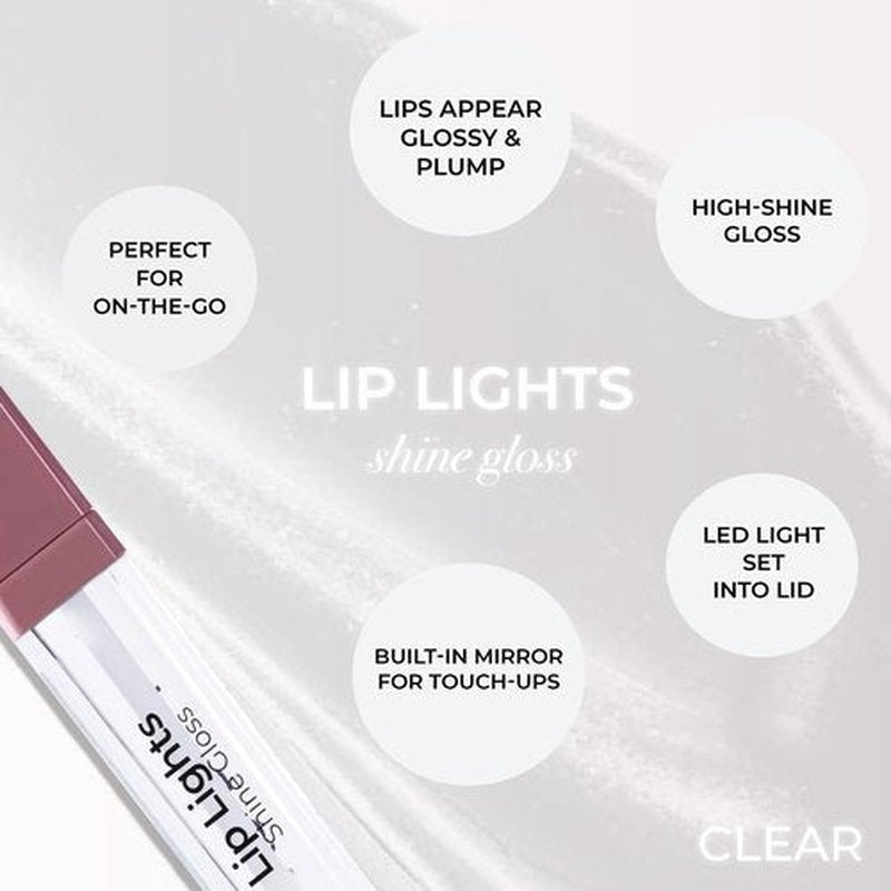 MCoBeauty Lip Lights Shine Gloss Clear - High Shine Glass Finish Lip Gloss with Built In LED Light and Mirror - Moisturizing Lightweight Non Sticky Formula for Glossy Lips - Vegan Cruelty Free Makeup