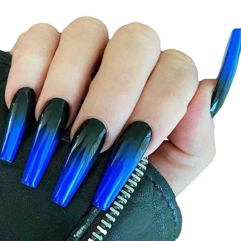 Outyua Ombre Extra Long Press on Nails Coffin Fake Nails Ballerina False nails Acrylic Halloween Christmas Nails for Women and Girls 24Pcs (Black and Blue)