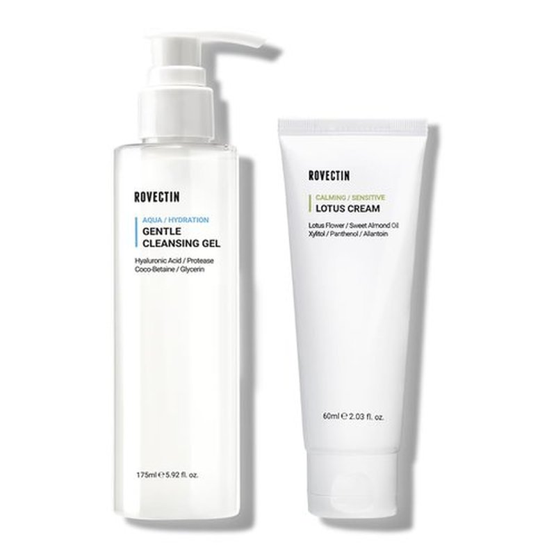ROVECTIN Calming Lotus Water Cream (2.1 fl.oz, 60ml) Moisturizer + Aqua Cleansing Gel (5.9 fl. oz, 175ml) pH| Bundle [2 Pack]