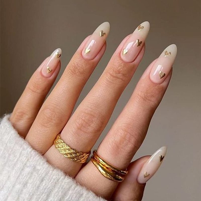 ORZOLATENT Valentine’s Day Heart Press-On Nails – 24 Long Almond Nails, 12 Sizes, Nude Glossy Base with Gold Heart Design, Romantic & Durable, Easy DIY Gift for Women