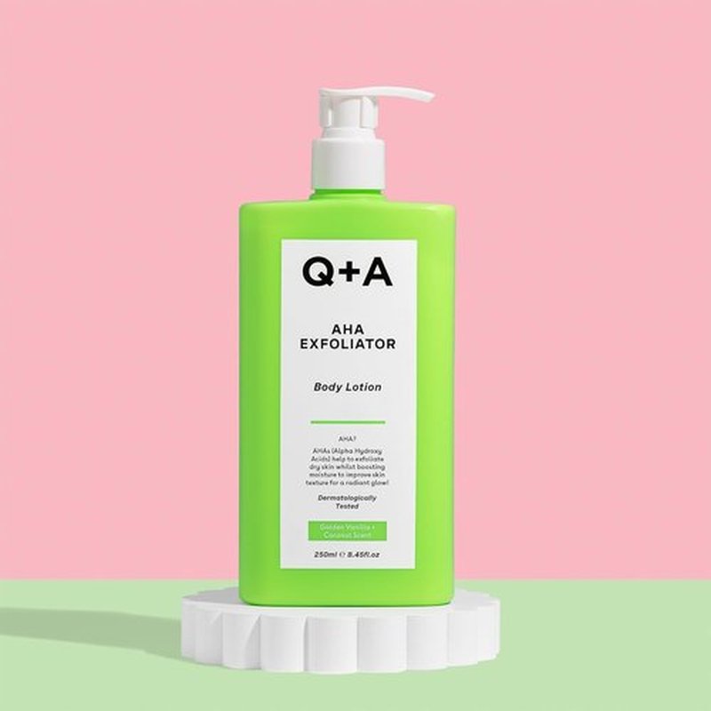 Q+A AHA Exfoliator Body Lotion (250ml), Exfoliating, Smoothing Body Moisturizer with Lactic Acid, Glycolic Acid and Fruit AHAs, Body Butter Alternative, Vegan Body Care