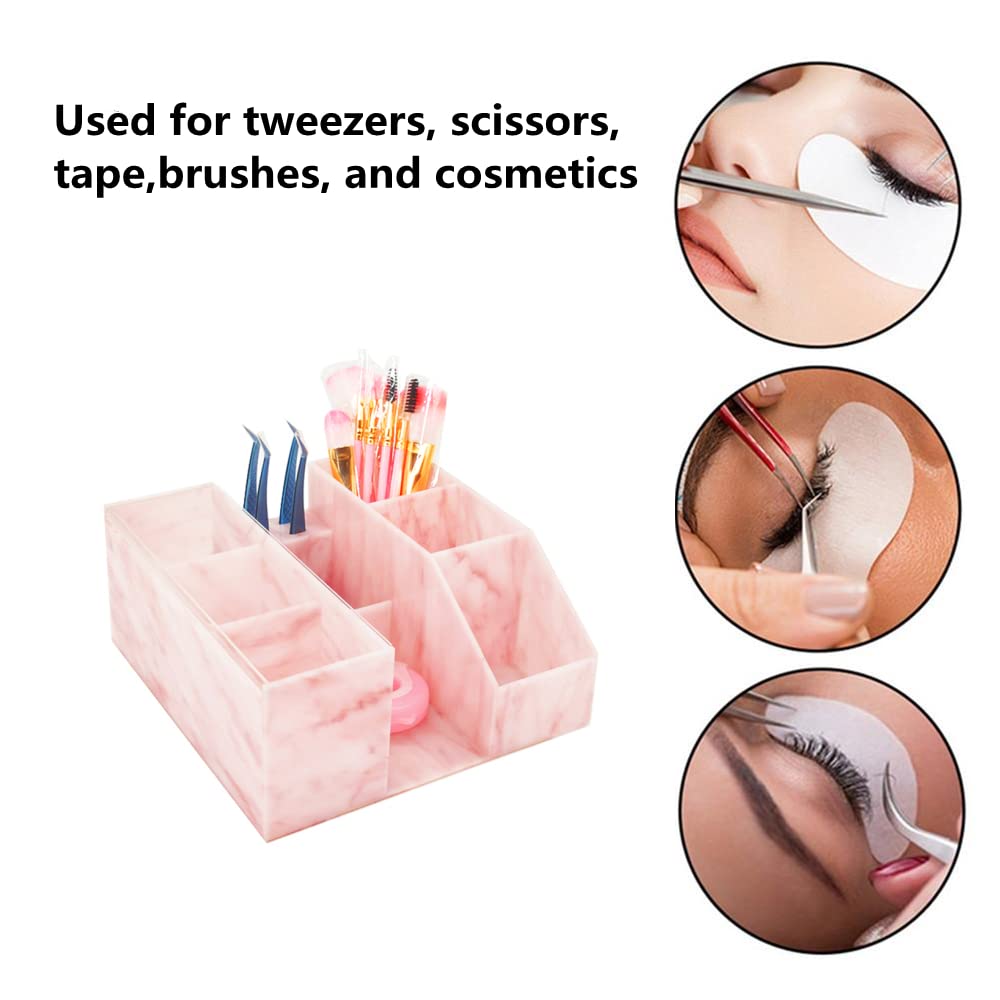 LIXIMMAZN Acrylic Large Capacity Makeup Organizer, Grafting Beauty Extension Supplies Lash Storage Display, Eyelash Storage Case Brush Tweezers Cosmetic Holder (Pink Marble)