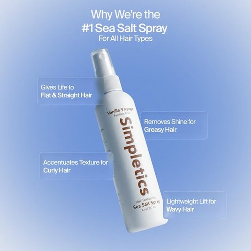 Simpletics Himalayan Sea Salt Hair Spray (Vanilla Scent) – Natural 5-Ingredient Formula for Beach Waves & Volume – Light Hold, Non-Greasy, Paraben & Sulfate Free – Unisex 8 fl oz