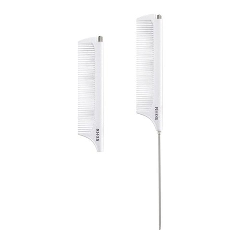 RHOS Carbon Retractable Rat Tail Parting Comb - Portable Fine Tooth Teasing Comb for Styling, Hair Cutting, Braiding with Stainless Steel Pin Tail - White