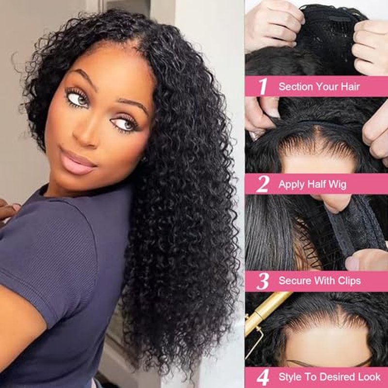 UWLK Kinky Curly Half Wig Human Hair 200 Density Upgrade 3 IN 1 Seamless Flip Over Half Wig Beginner Friendly Glueless Wear and Go Half Up Half Down Headband Wig Human Hair