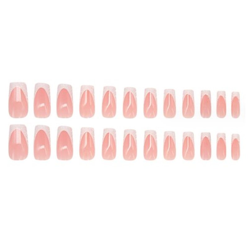 Hkanlre Shiny Square Press on Nails Shiny Fake Nails French Tips Full Cover Medium Pink False Nails for Women and Girls 24PCS
