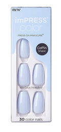 KISS imPRESS Color No Glue Mani 30 Pcs Press On Nails, Light Blue, Medium Size, Coffin Shape, Simple Peel & Press Easy Apply, Hassel-Free Removal, Essential Tools Included