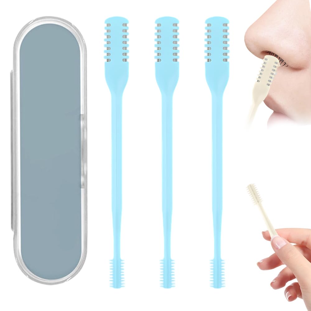 Godmifa 360° Rotating Nose & Ear Groomer, 2025 Dual-Blade Manual Trimmer with Cleaning Brush, 2-in-1 Nasal Hair Cutter for Men and Women (Blue, 3PCS)