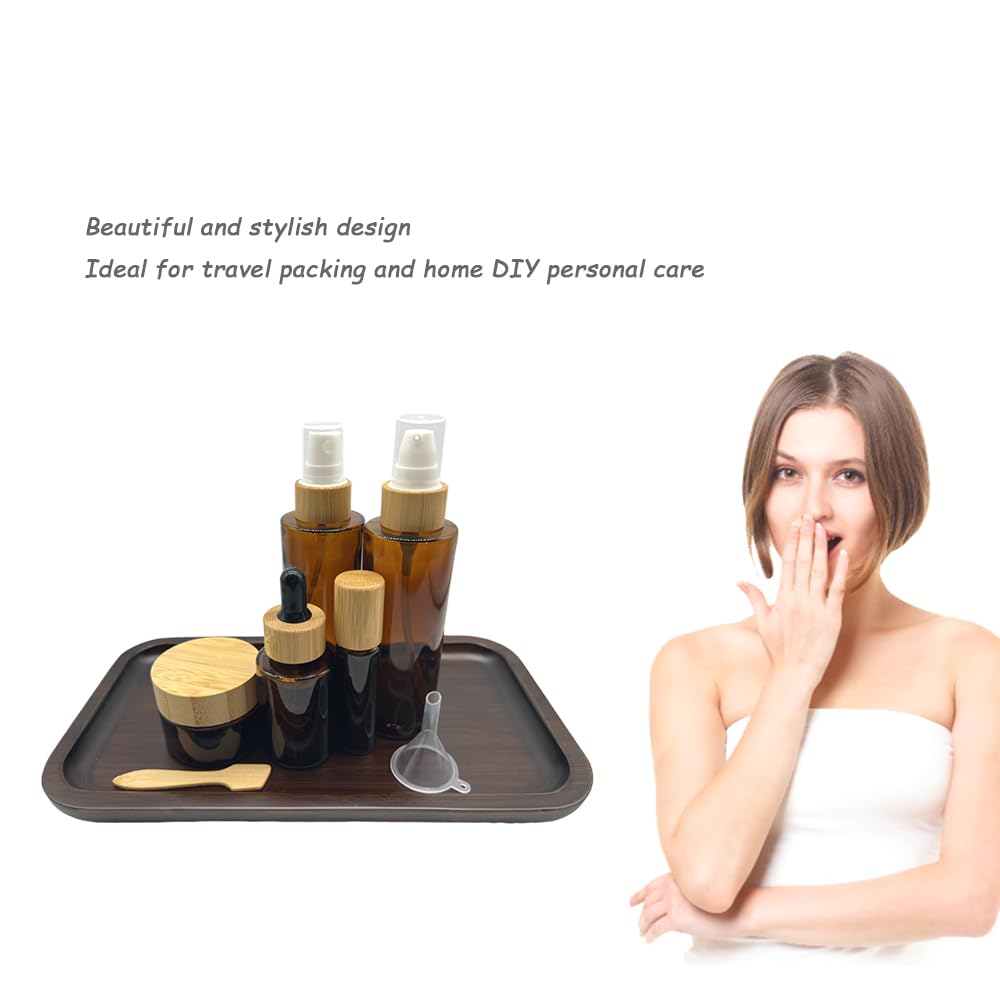 BEECO GIF2U Empty Refillable Brown Glass Cosmetic Containers with Bamboo Cover - 5 Pack, Spray Bottle, Lotion Pump, Dropper, Roller Bottle, Cream Jar - Tray Included