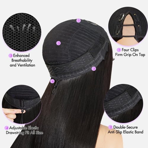 mscoco V Part Wig Human Hair Burmese Curly Glueless Wigs Human Hair Clip In Upgrade U Part Human Hair Wig with Drawstring 180% Density Natural Black 16inch