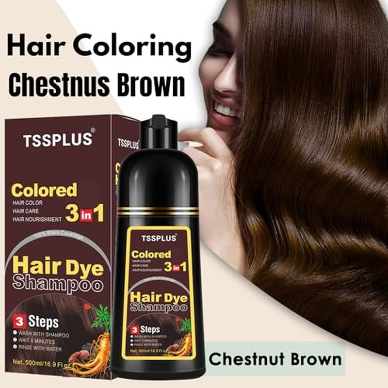 TSSPLUS Instant Hair Color Shampoo - Chestnut Brown Dye for Women & Men, 3 in 1 Herbal Coloring Shampoo (Chestnut Brown)