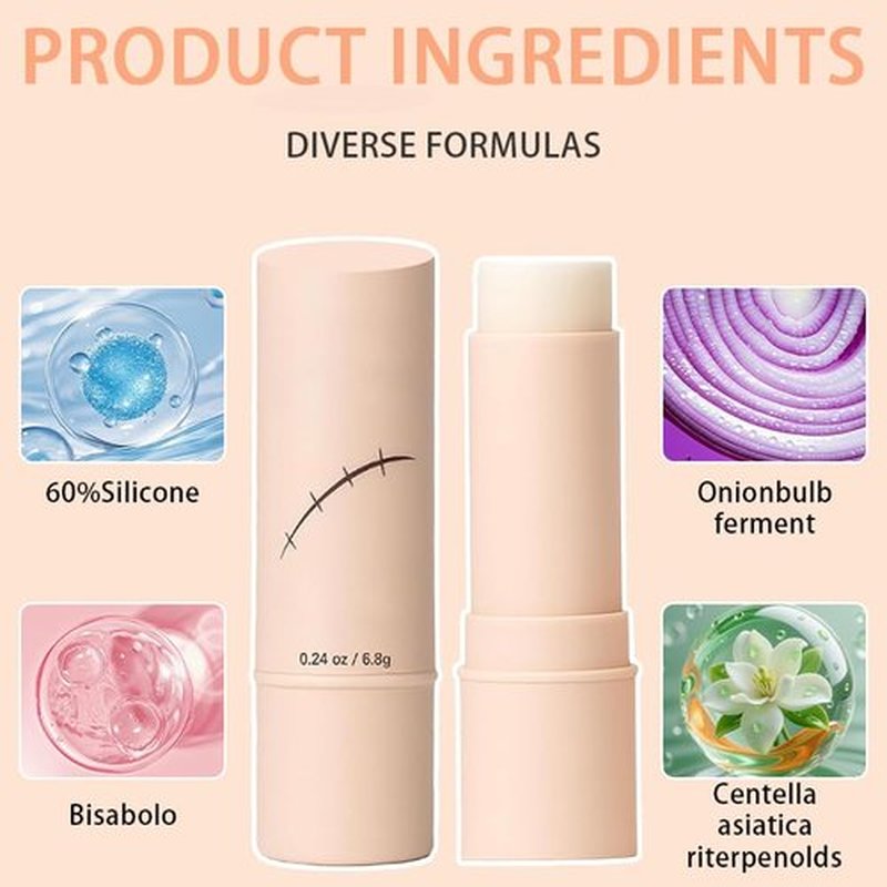 60% Stick. Thick Solid Velvety Film for Scars. Formula Infused with Centella Asiatica Extracts and Vitamin E. Soothing and Occlusive