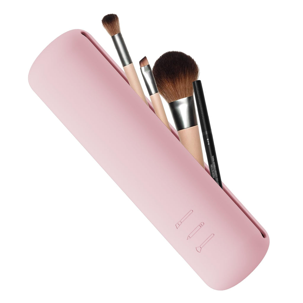 FVION Travel Makeup Brush Holder, Silicone Brush Holder Travel Case, Make Up Brush Pouch with Magnetic Closure, Makeup Brush Covers - Pink