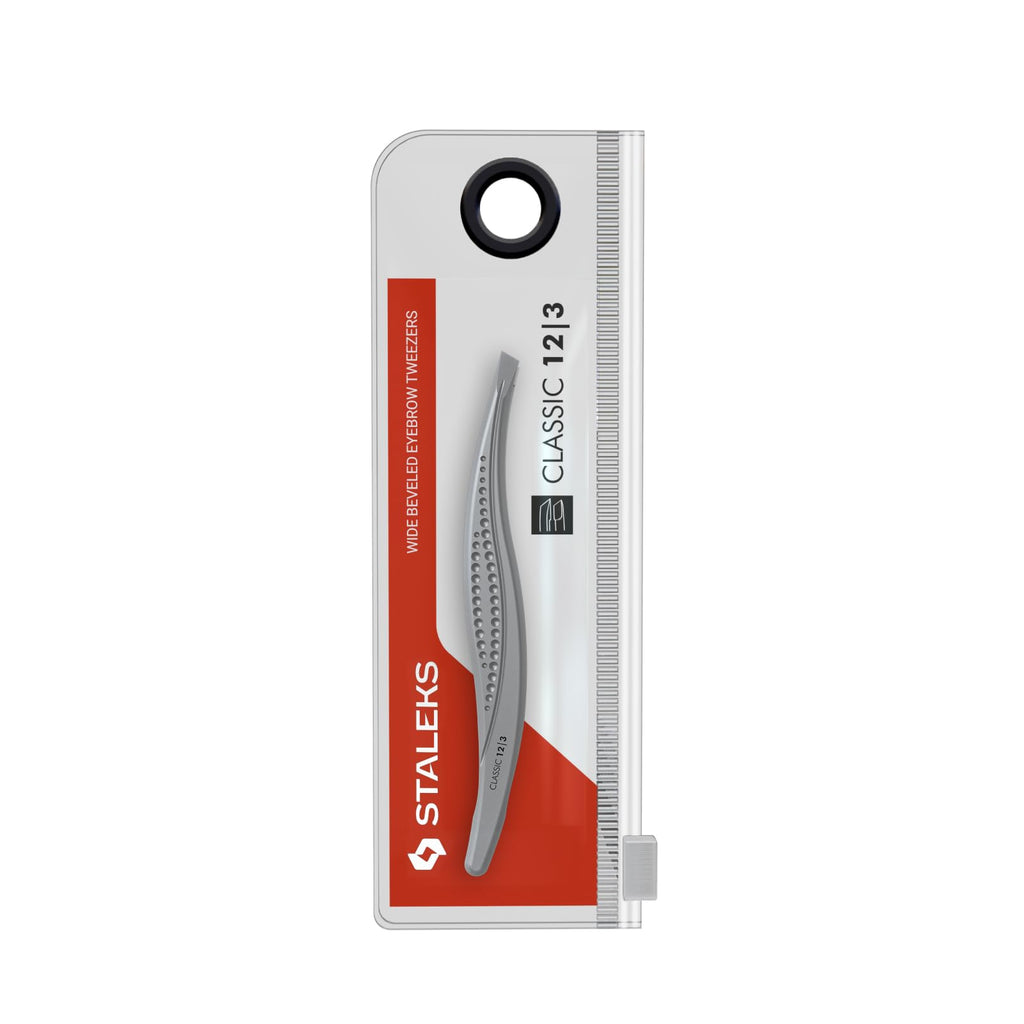 STALEKS CLASSIC 12 Type 3 Eyebrow Tweezers – Wide Beveled Stainless Steel with Ergonomic Notches for Thick Brows & Comfortable Home Use
