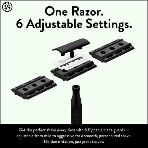 Rockwell Razors 6S Adjustable Black Stainless Steel Safety Razor - Custom Shaves for Men & Women | 6 Settings, 5 Recyclable Blades