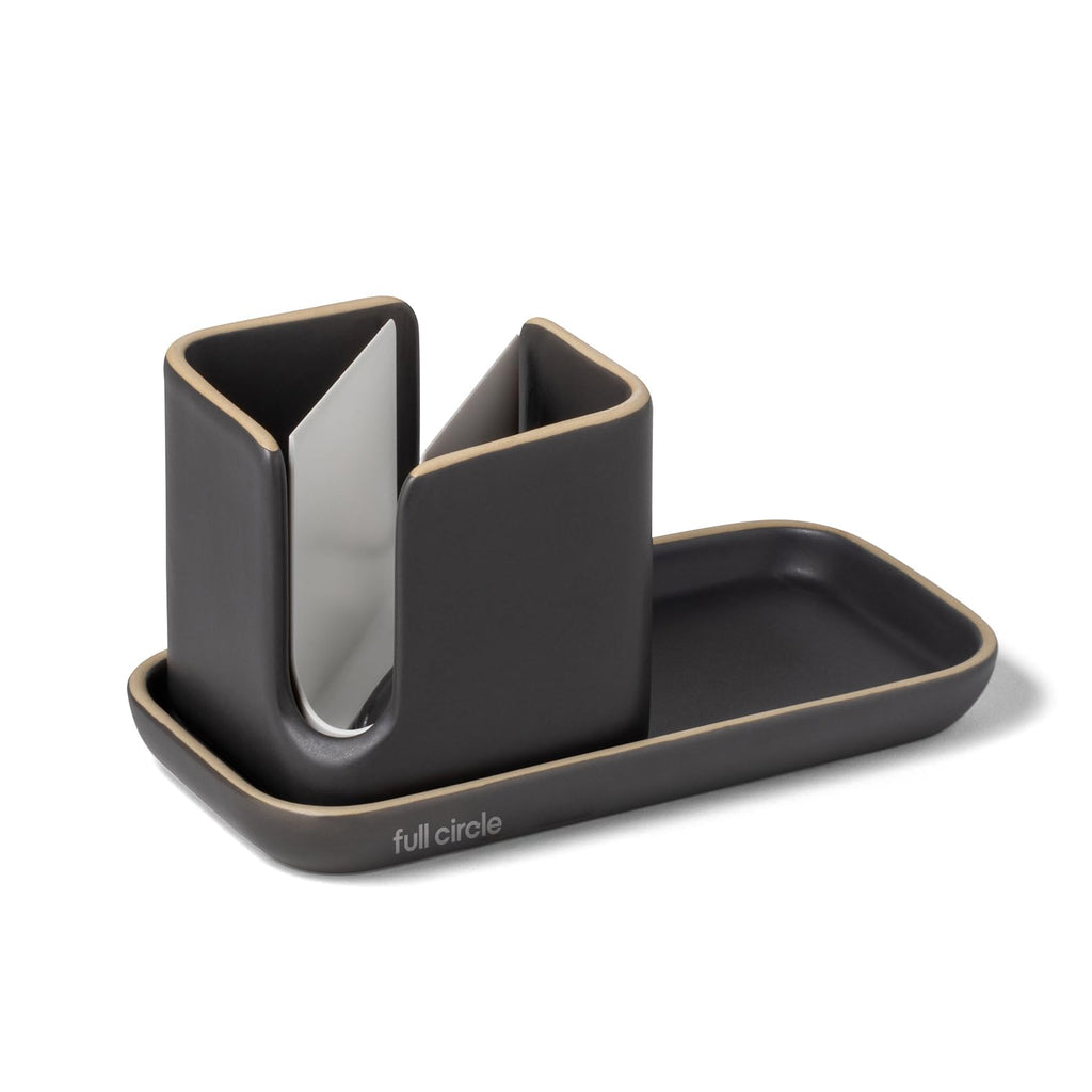 Full Circle Stash, Ceramic Kitchen Sink Caddy, Stylish Modular Sponge Holder & Dish Brush Organizer, Gray and White, 11"