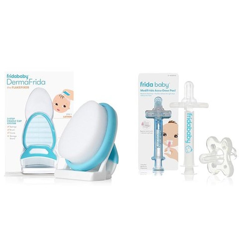 Frida Baby 3-Step Cradle Cap System | DermaFrida FlakeFixer with Sponge, Brush, Comb & Storage Stand + Medicine Pacifier & Syringe
