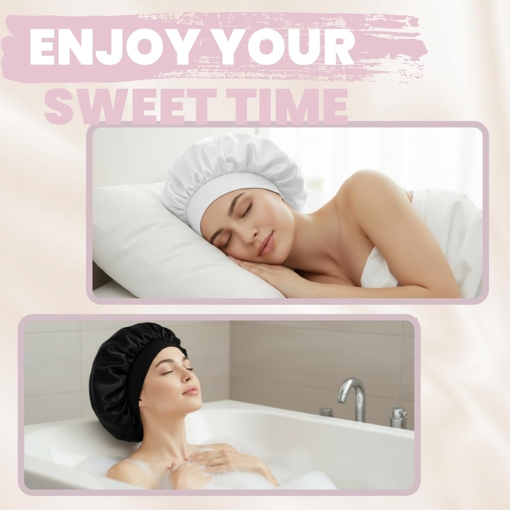 White Silk Bonnet for Sleeping Women Braid Bonnet XL Large Satin Hair Bonnets for Sleeping Long Hair Jumbo Silk Sleep Night Cap 2 Pack
