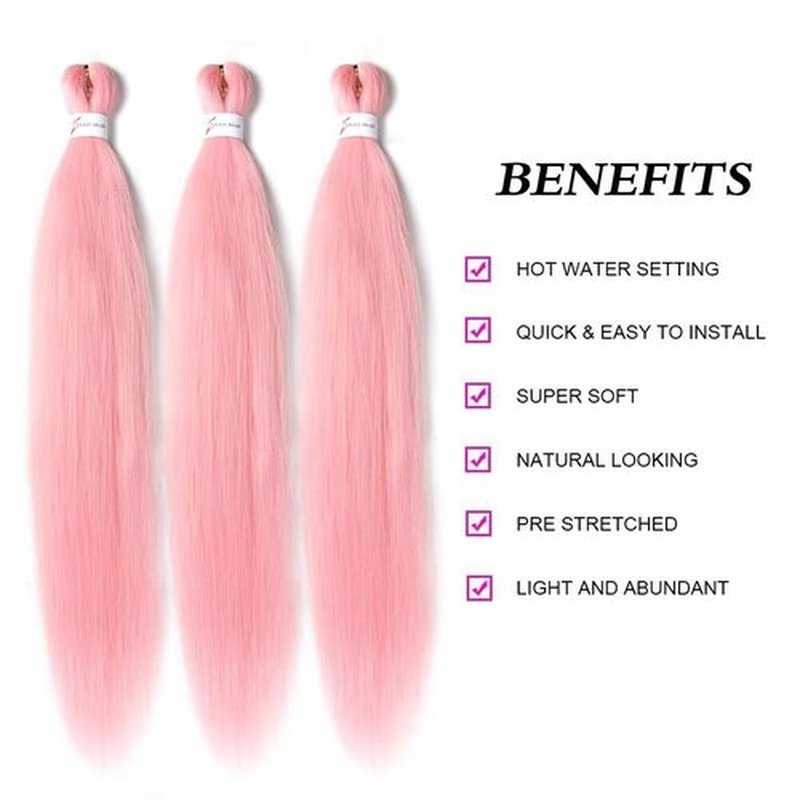 Pre stretched Braiding Hair 26 Inch Pink Braiding Hair Extensions Yaki Braids Hair Hot Water Setting Synthetic Easy Hair Colored Braiding Hair Crochet Hair (26 Inch,3 Packs,Light Pink#)