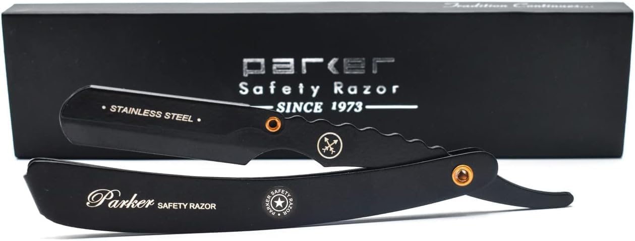 Parker SRXBLK Professional Stainless Steel Clip‑Style Barber Razor – Heavy‑Duty Black Finish with 5 Refill Blades, Ergonomic Weight for Barbers & Straight Razor Shaving Enthusiasts