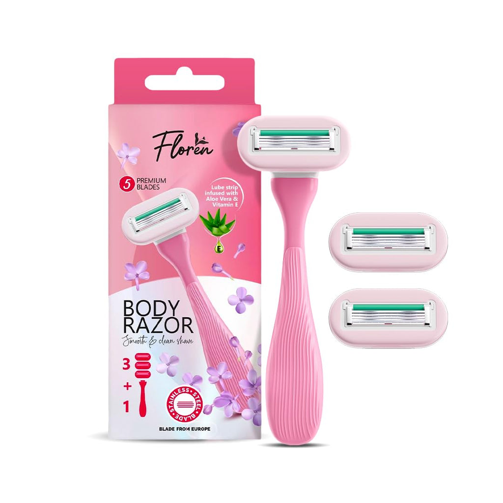 Floren Body Razor | 3 cartridges + 1 handle (5 blades) | Eurpoean Blades | Body hair removal, Aloe Vera Strip, Super Smooth Razor, Hair Removal from hands, legs, Bikini and arms