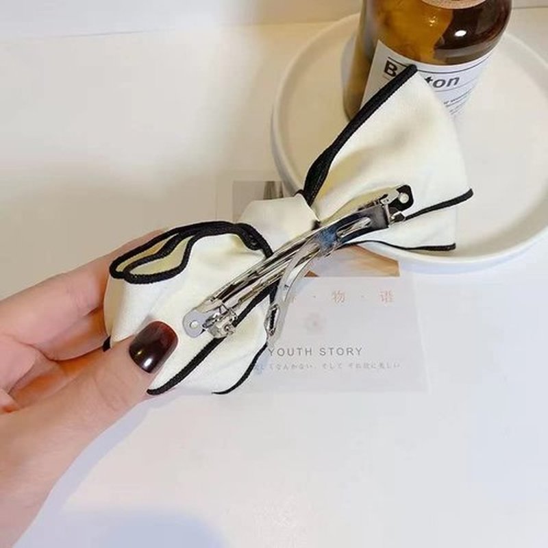 Rugelyss 2 PCS Big Hand-made Grosgrain Ribbon Solid Color Black and White Hair Bows Spring Clip Hair Accessories for Girls or Women