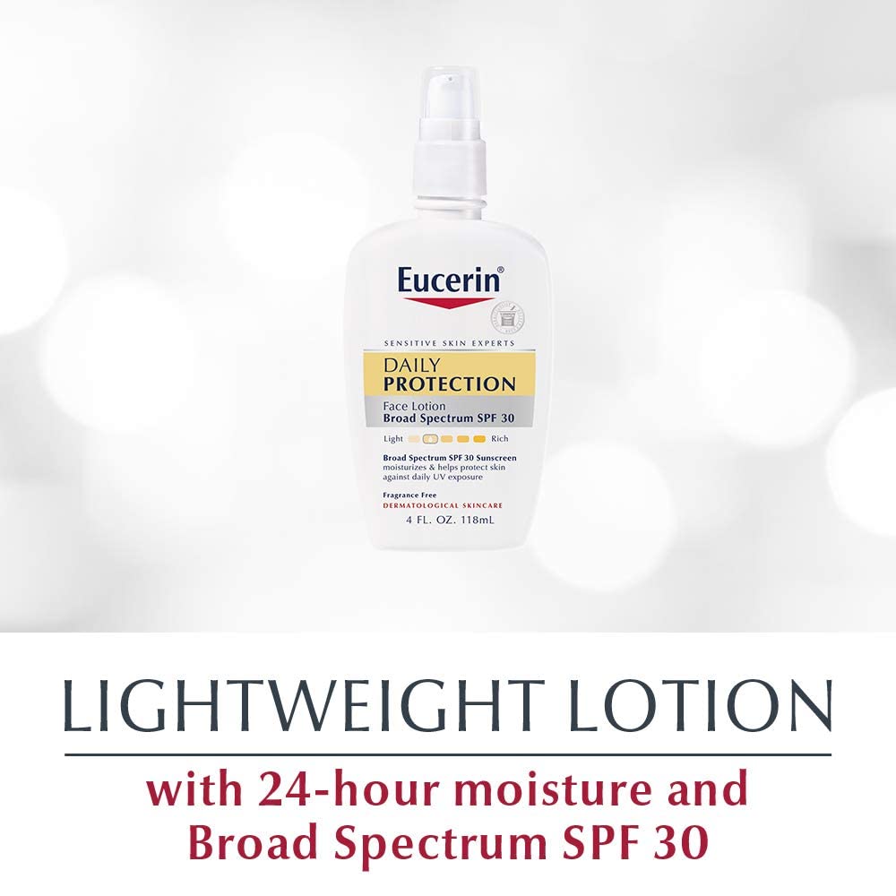 Eucerin Daily Protection Face Lotion with Broad Spectrum SPF 30 Sunscreen, Face Sunscreen Moisturizes and Helps Protect Sensitive, Dry Skin, Fragrance Free, 4 Fl Oz (Packaging May Vary)