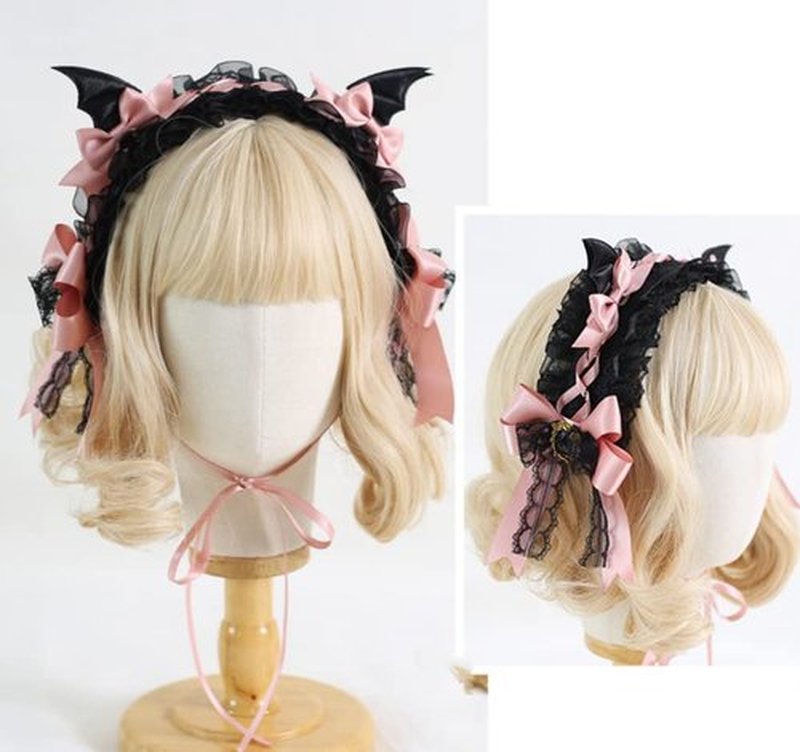 CoBtee Gothic Lolita Headdress Lace Devil Horns Headbands Hair band Hair Accessories Headwear Halloween Party (bat Headbands/white)
