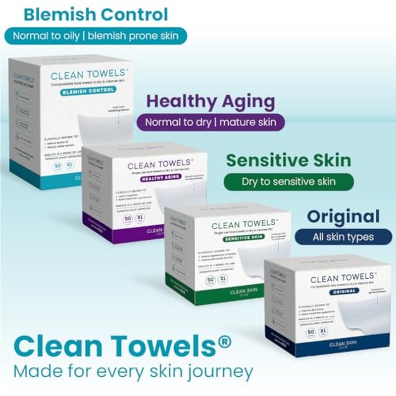 Clean Skin Club Blemish Control Clean Towels® XL, Compostable Face Towels, Light Exfoliation for Oily Skin, Eczema Association Accepted Disposable Face Towelette, Makeup Remover Dry Wipes, 50 count